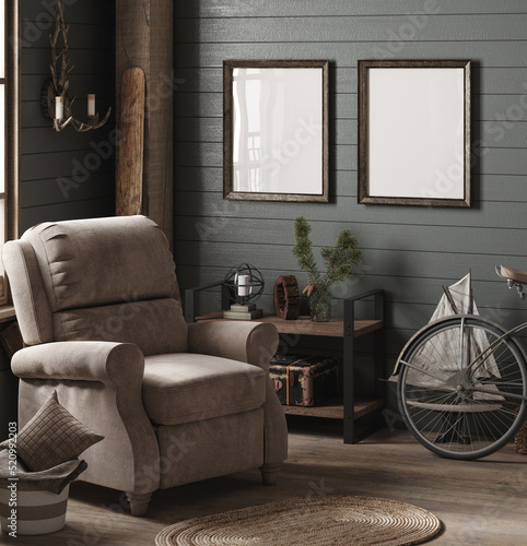 Photographie Frame mockup in cozy barn interior background, 3d render