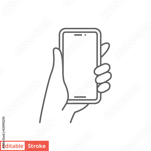 Hand holding smartphone icon. Simple outline style. Hold mobile phone with white screen. Thin line vector illustration isolated on white background. Editable stroke EPS 10.