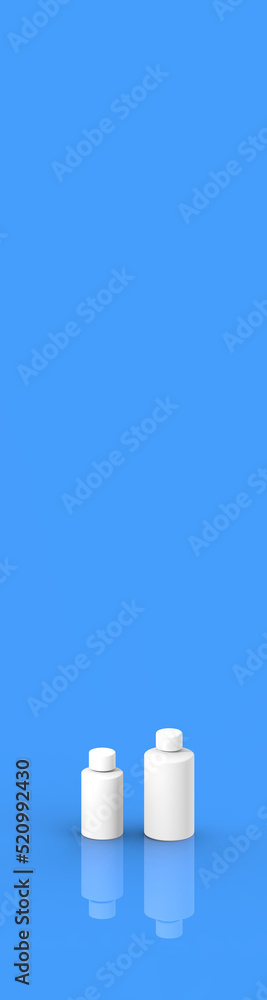 Two white cosmetic bottles, isolated on a blue background. Cosmetic packaging. Vertical banner for insertion into site. Place for text cope space. 3D image. 3D rendering. Two white cosmetic bottles, isolated on a blue background. Cosmetic packaging. Vertical banner for insertion into site. Place for text cope space. 3D image. 3D rendering.