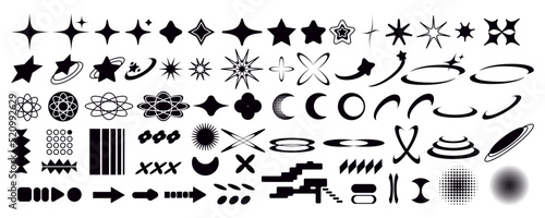 Set of Y2K bling retro elements and abstract brutalism shapes. Hipster graphic objects for logo, icon, web design. Modern vector illustration isolated on white background