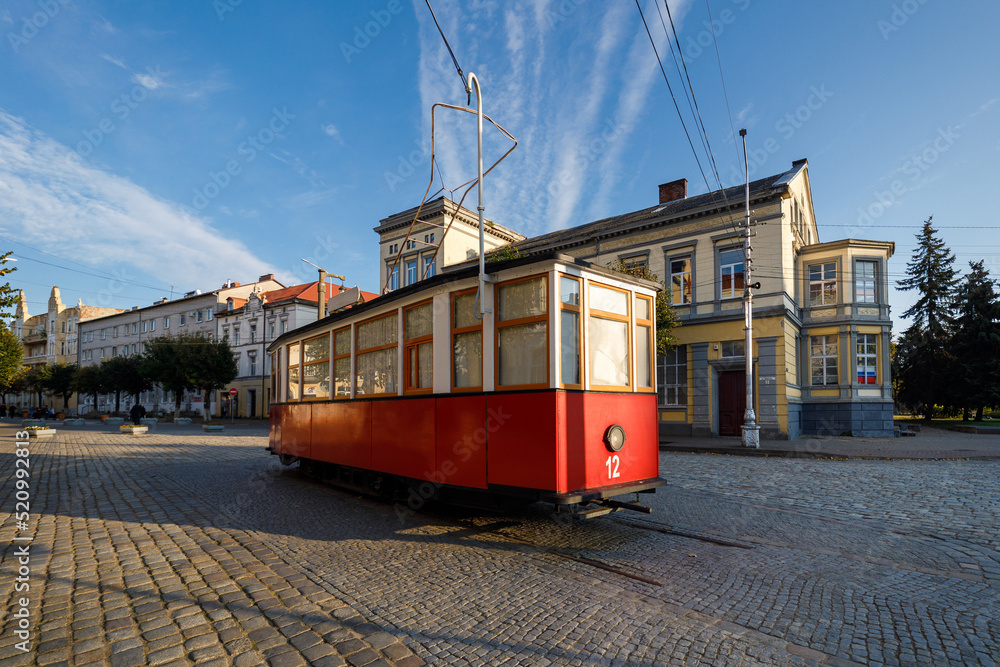 The Tram exhibit on the square of Sovetsk, Russia