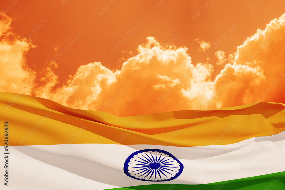 Waving India flag on sunset sky. Background with place for your text ...