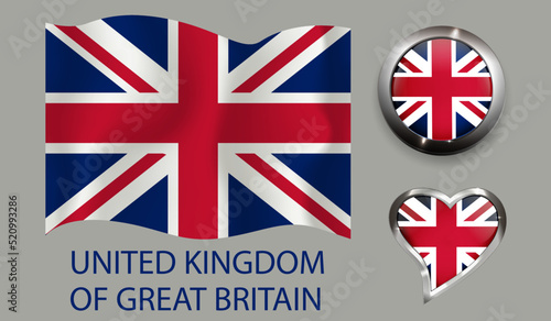 set nation United Kingdom of Great Britain flag glossy button heart