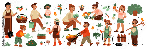 Kids plants. Funny little gardeners with parents. Children take care of flowers. People watering bushes and picking harvest. Ecology and nature. Garish vector gardening persons set