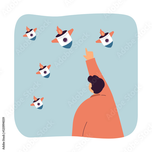 Back view of cartoon man pointing at falling rockets. Company failure flat vector illustration. Economic crisis, bankruptcy, start-up concept for banner, website design or landing web page