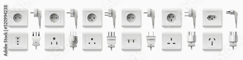 Realistic socket and plug. Electricity chargers and adapters. 3D plastic interior elements. Different types. Home details. Electrical circuit connector. Vector electric outlets set photo