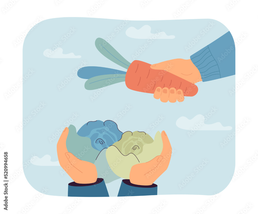 Hands of farmers holding cabbages and carrot. Persons with vegetables, organic food flat vector illustration. Healthy food of lifestyle, diet, agriculture concept for banner or landing web page