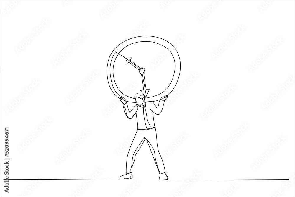 Illustration of businessman salary man carry heavy big clock burden. Time management failure concept. One continuous line art style Illustration of businessman salary man carry heavy big clock burden. Time management failure concept. One continuous line art style