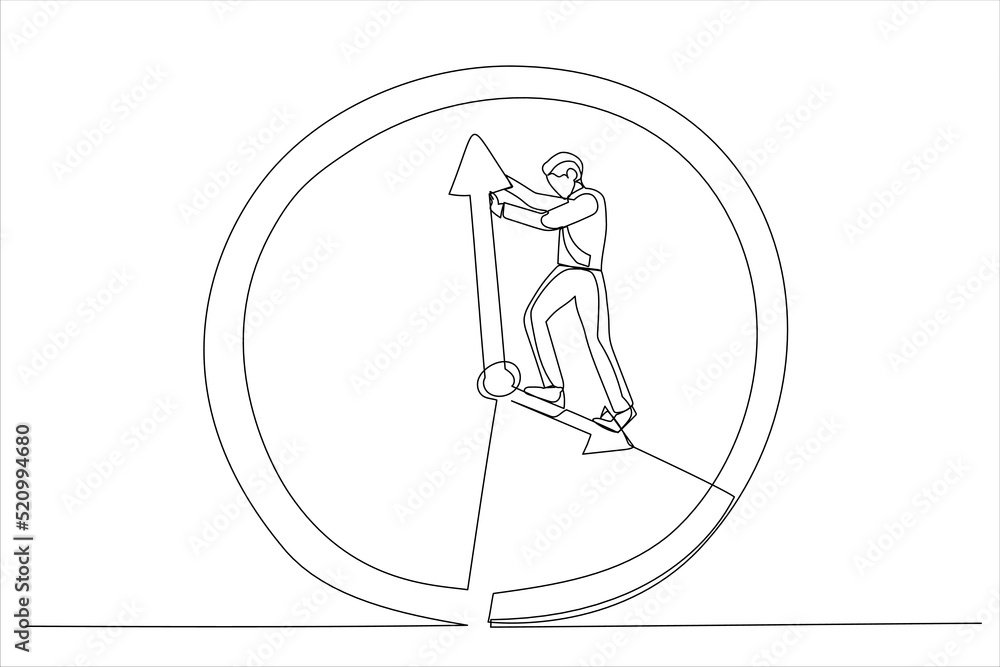 Cartoon of businessman standing on clock hour hand manage to push back