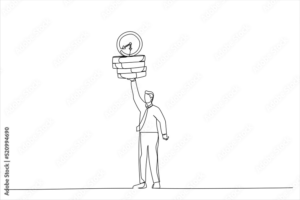 Drawing of businessman working with laptop while carrying load of paperwork. Ability to work under pressure. Single line art style Drawing of businessman working with laptop while carrying load of paperwork. Ability to work under pressure. Single line art style