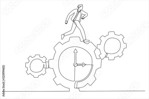 Illustration of businessman run along gear in form of clock. Time control concept. One line art style