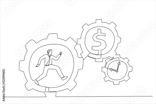 Drawing of businessman running with full effort inside gear cogs. Effort and time resulted money concept. Single line art style