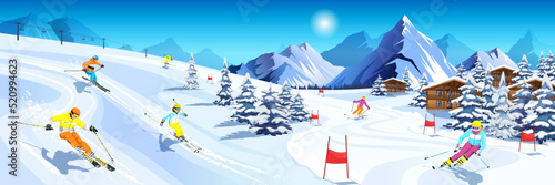 Winter mountain landscape with many different skiers. Happy man, woman ride skis in Alps. Blue sky, tops of rocks on background. Winter sport activity. Skiing resort. Vector illustration