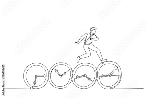 Illustration of businessman expert jumping on time passing alarm clock. Procrastination or work productivity concept. One line art style
