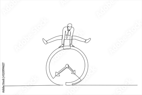 Cartoon of businessman employee worker jump over time passing clock. Business deadline or working time efficiency concept. Single continuous line art style