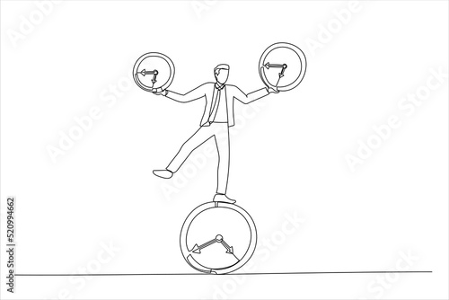 Drawing of businessman balancing all time pieces. Work life balance or control work project time and schedule concept. Single continuous line art
