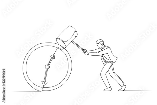 Cartoon of businessman holding big hammer smashing alarm clock. Postpone business deadline concept. Continuous line art style