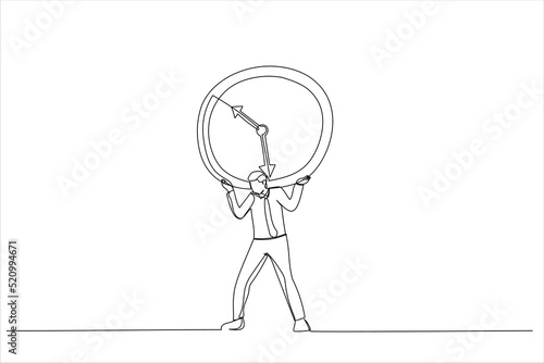 Illustration of businessman salary man carry heavy big clock burden. Time management failure concept. One continuous line art style