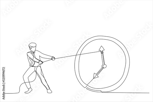 Drawing of Businessman trying to slow down and stop time. Stopping time metaphor. Single line art style