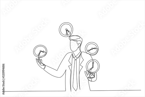 Illustration of business man successfully juggling managing time . Successful time management metaphor. One line art style