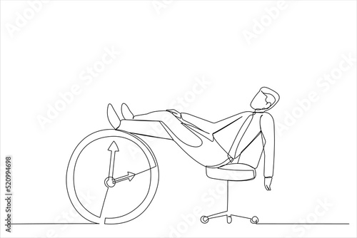 Cartoon of businessman sleeping lay down on office chair and alarm clock covered his face with book. Afternoon slump, laziness metaphor. Single continuous line art style