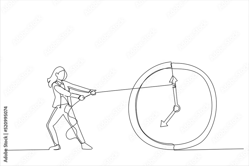 Drawing of Businesswoman trying to slow down and stop time. Stopping time metaphor. Single line art style Drawing of Businesswoman trying to slow down and stop time. Stopping time metaphor. Single line art style