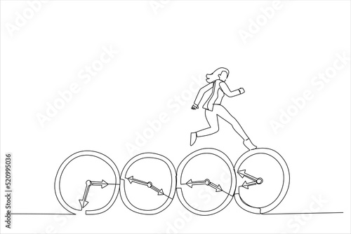 Illustration of businesswoman expert jumping on time passing alarm clock. Procrastination or work productivity concept. One line art style
