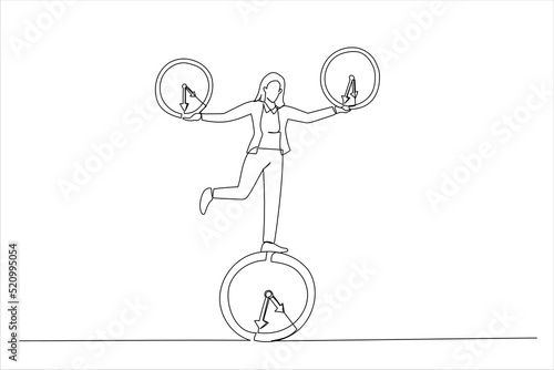 Drawing of businesswoman balancing all time pieces. Work life balance or control work project time and schedule concept. Single continuous line art