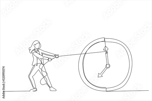 Drawing of Businesswoman trying to slow down and stop time. Stopping time metaphor. Single line art style