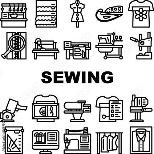 factory sewing sew machine icons set vector. tailor fabricthread, textile fashion, needle industry, needlework, woman seamstress factory sewing sew machine black contour illustrations