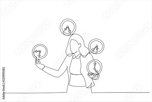 Illustration of business woman successfully juggling managing time . Successful time management metaphor. One line art style