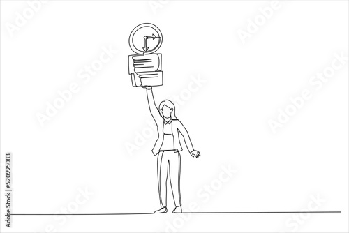 Drawing of businesswoman working with laptop while carrying load of paperwork. Ability to work under pressure. Single line art style