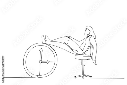 Cartoon of businesswoman sleeping lay down on office chair and alarm clock covered his face with book. Afternoon slump, laziness metaphor. Single continuous line art style