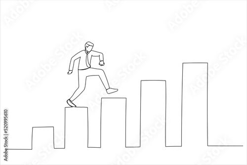 Illustration of confidence businessman step walking up stair of success with rising up arrow. Improvement or career growth. One line style art