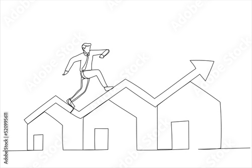Drawing of businessman running on rising green graph on house roof. Housing price rising up. Single continuous line art