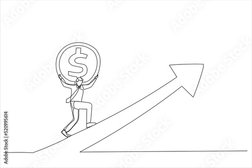 Cartoon of strong businessman investor carry money coin walk up rising up graph. Investment growth or earning rising up. Continuous line art style