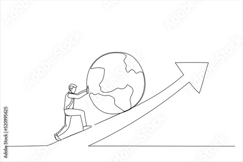 Drawing of businessman leader push the world up rising up graph. International investment growth. Single line art style