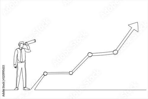 Illustration of businessman look through telescope to see investment growing graph. Economy prediction or forecast. One line art style