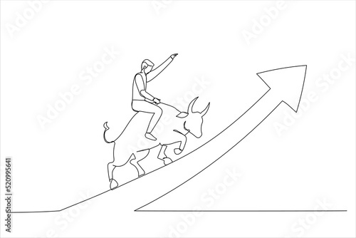 Cartoon of confident businessman investor riding bull running on rising up upward green graph. Stock market bull market. Single continuous line art style