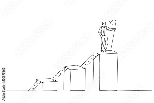 Illustration of businessman climb up ladder step by step on graph to achieve goal. Step to grow business, ladder of success. One line style art