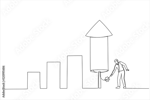 Cartoon of smart businessman ignite firework rocket bar graph to increase company growth. Grow your business, boost investment profit. Single continuous line art style