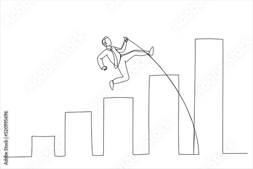 Drawing of businessman jumping pole vault over growth bar graph. Business growth, improvement. Single line art style