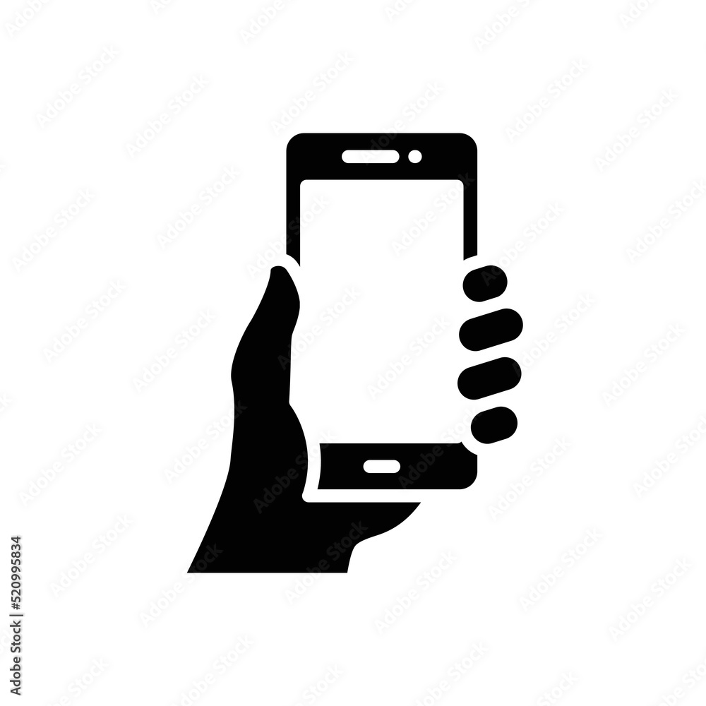 Hand holding smartphone icon. Simple solid style. Hold mobile phone with white screen. Glyph vector illustration isolated on white background. EPS 10. Hand holding smartphone icon. Simple solid style. Hold mobile phone with white screen. Glyph vector illustration isolated on white background. EPS 10.