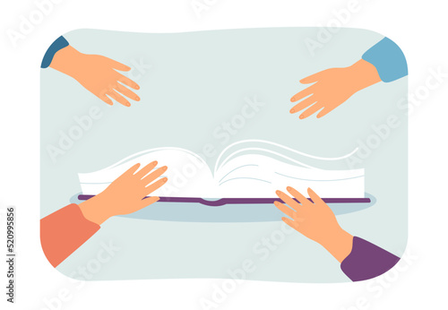 Hands of students or employees reaching for book. People studying textbook or manual flat vector illustration. Education, literature, teamwork, information concept for banner or landing web page