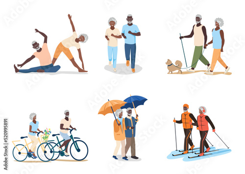 Active seniors walk, run, ride bikes, do gymnastics, skiing. Set of vector illustrations of an active elderly couple.