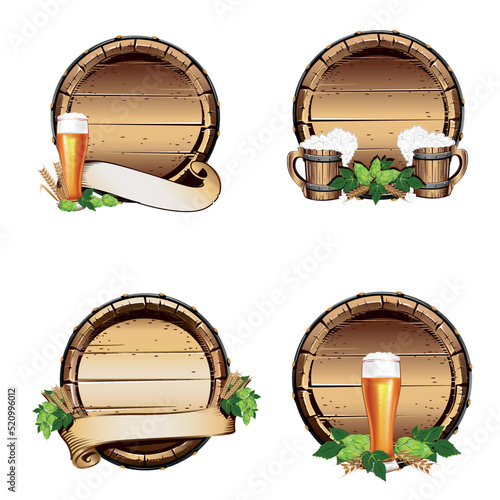 Set of vector illustrations of old beer barrels with vintage ribbons, beer glasses, wooden goblets in cartoon style.