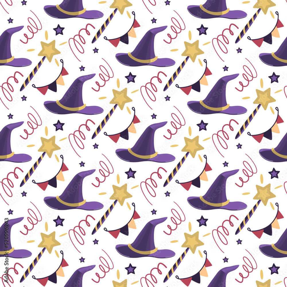 Obraz premium Vector seamless pattern with a magic wand, a wizard's hat, stars, confetti and a garland on a white background. The pattern can be used for Halloween design