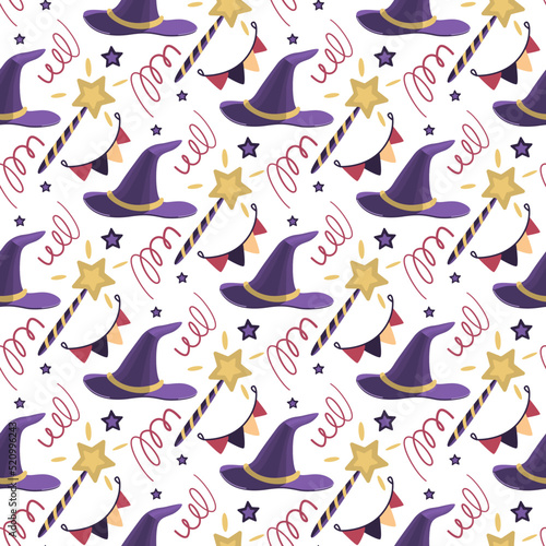 Vector seamless pattern with a magic wand  a wizard s hat  stars  confetti and a garland on a white background. The pattern can be used for Halloween design