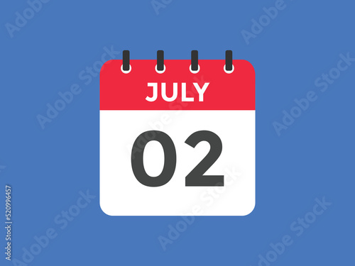 july 2 calendar reminder. 2th july daily calendar icon template. Vector illustration 