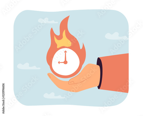 Hand of worker or employer holding burning clock. Person running out of time flat vector illustration. Time management, life, deadline concept for banner, website design or landing web page